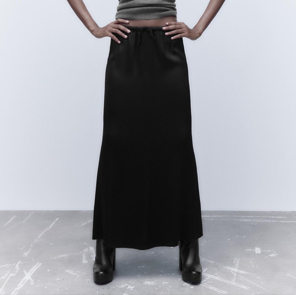 Zara Silky Satin Long Black Maxi Skirt